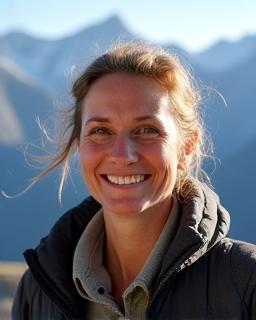 Claudia, founder of Alpine Journeys, smiling with alpine backdrop