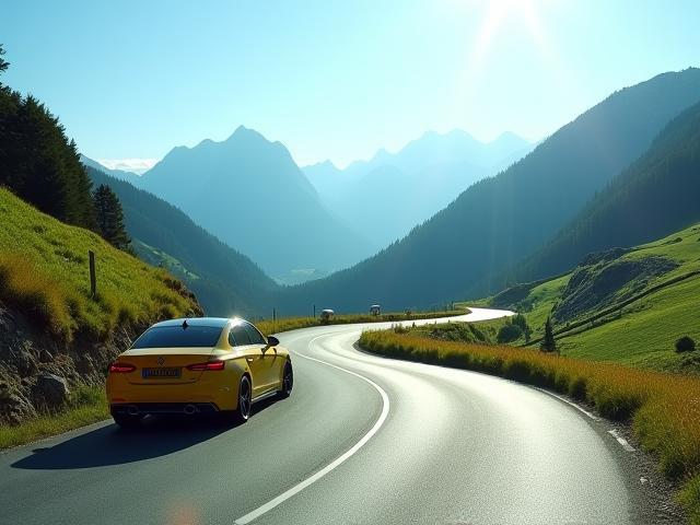 Car driving along a winding alpine mountain road with clear weather