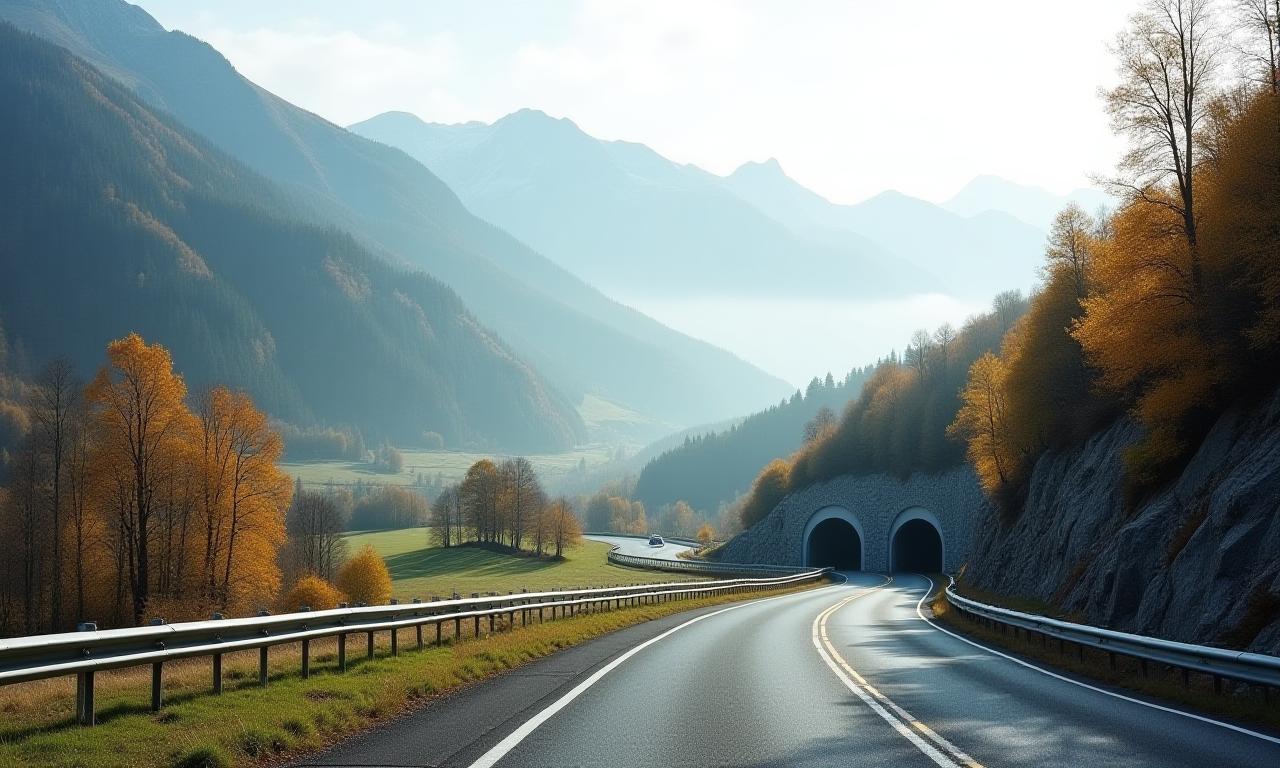 Scenic Alpine roads with tunnels winding through mountains in Austria